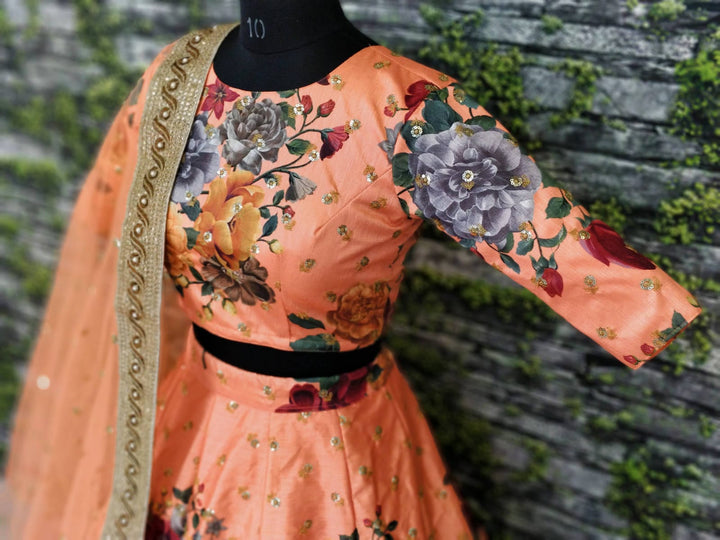 Peach Color Art Silk Sequins Embroidered Border and Pearl work Lehenga Choli