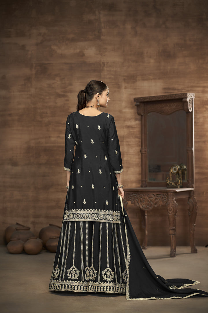 Black Color Chinnon With Embroidery And Sequins Work Top And Plazo