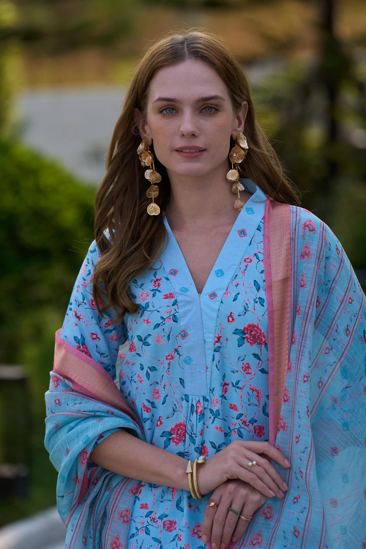 Sky Blue Color Tissue with floral print and embroidery Kurti with Pant And Dupatta Sets