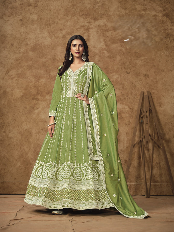 Green Color Dolla Silk With Embroidery And Sequins Work Anarkali Dress