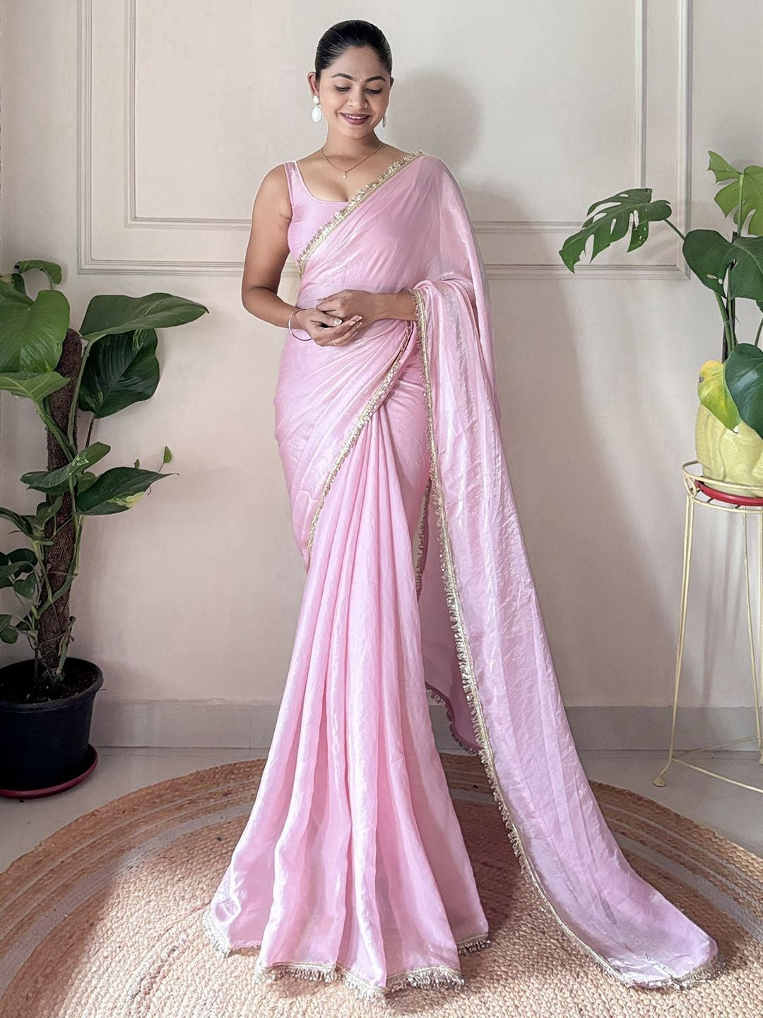 Baby Pink Fedi silk Sequence Lace Work Saree With Un-Stitched Blouse