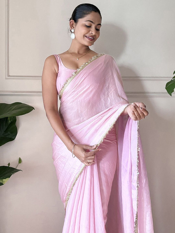 Baby Pink Fedi silk Sequence Lace Work Saree With Un-Stitched Blouse