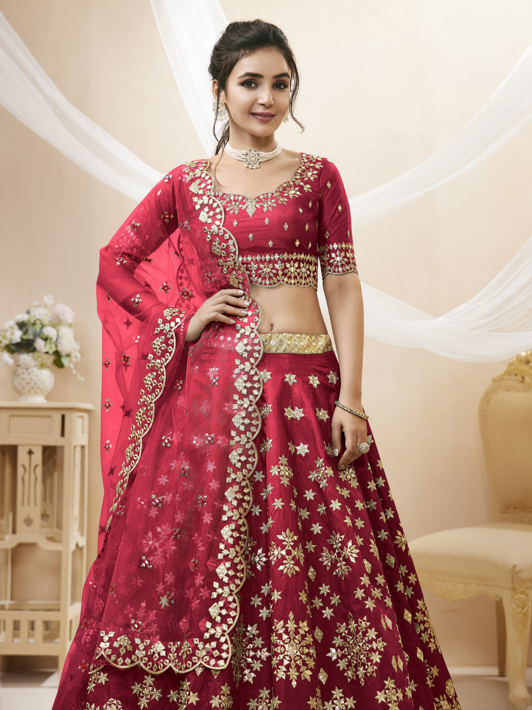 Red Color Art Silk With Sequins, Foil & Zari Embroidered Work Lehenga Choli