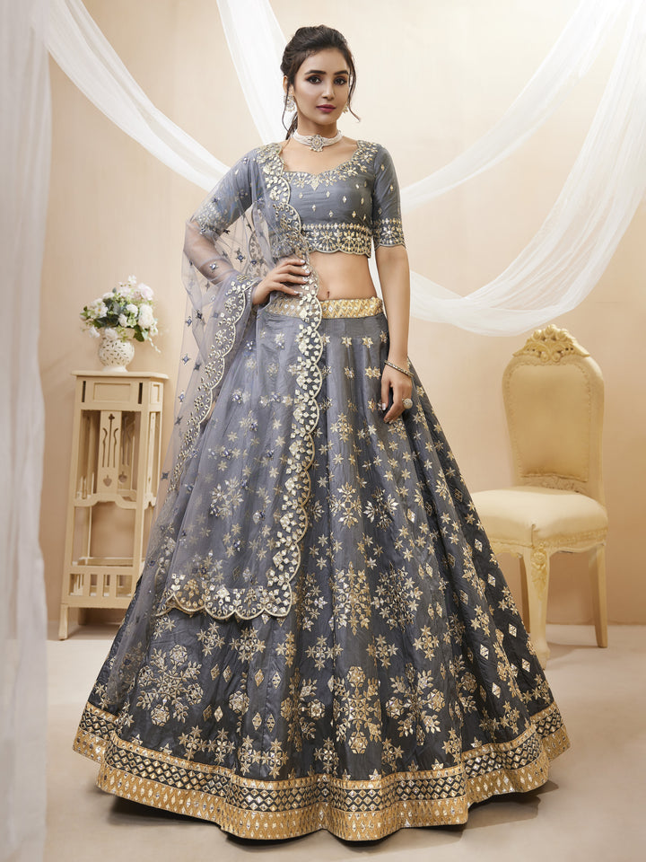 Gray Color Art Silk With Sequins, Foil & Zari Embroidered Work Lehenga Choli