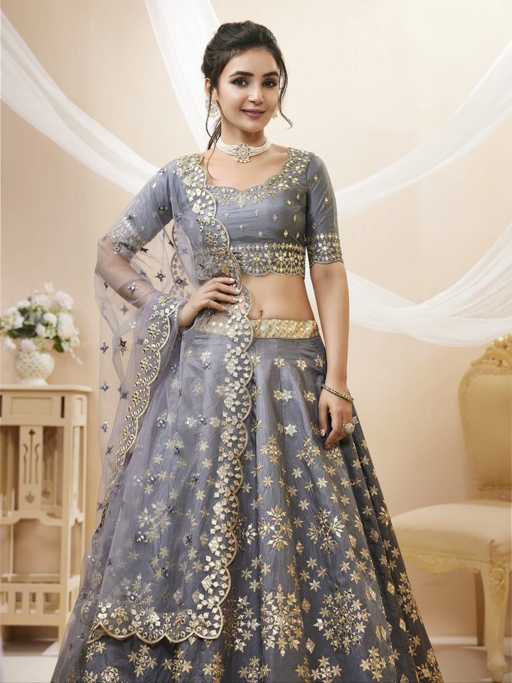 Gray Color Art Silk With Sequins, Foil & Zari Embroidered Work Lehenga Choli