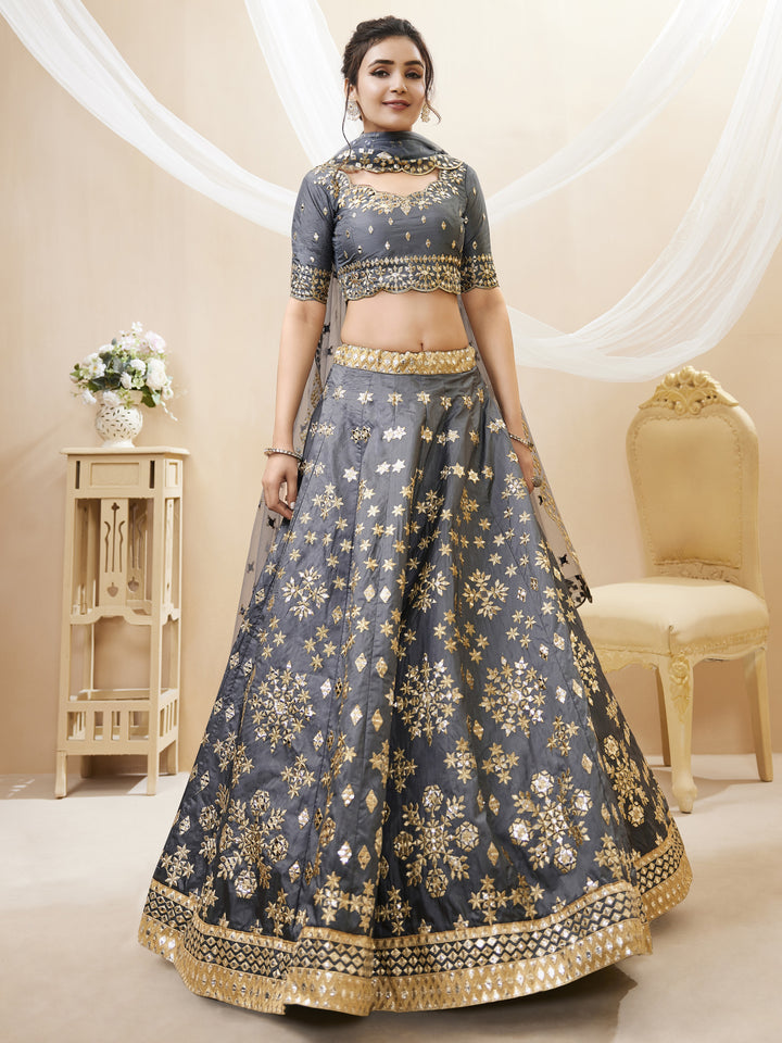 Gray Color Art Silk With Sequins, Foil & Zari Embroidered Work Lehenga Choli