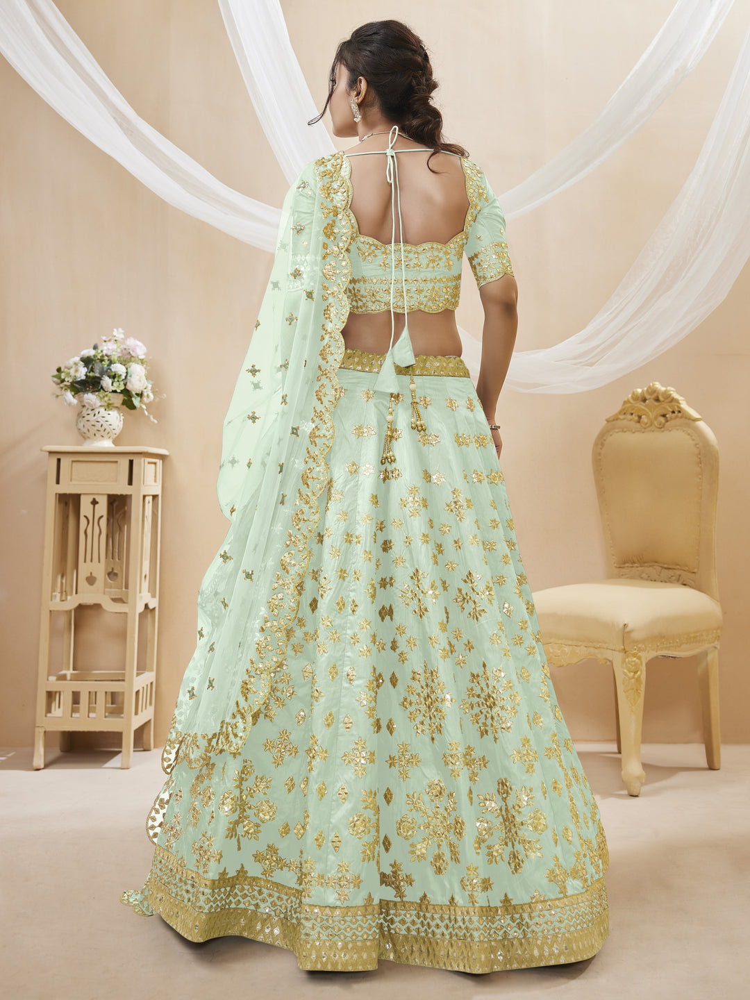 Pista Color Art Silk With Sequins, Foil & Zari Embroidered Work Lehenga Choli