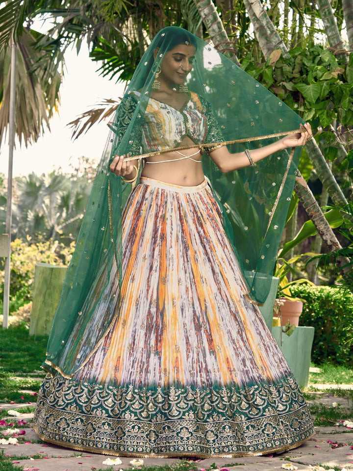 Green Color Chinon With Sequins, Zari Embroidery Work Lehenga Choli