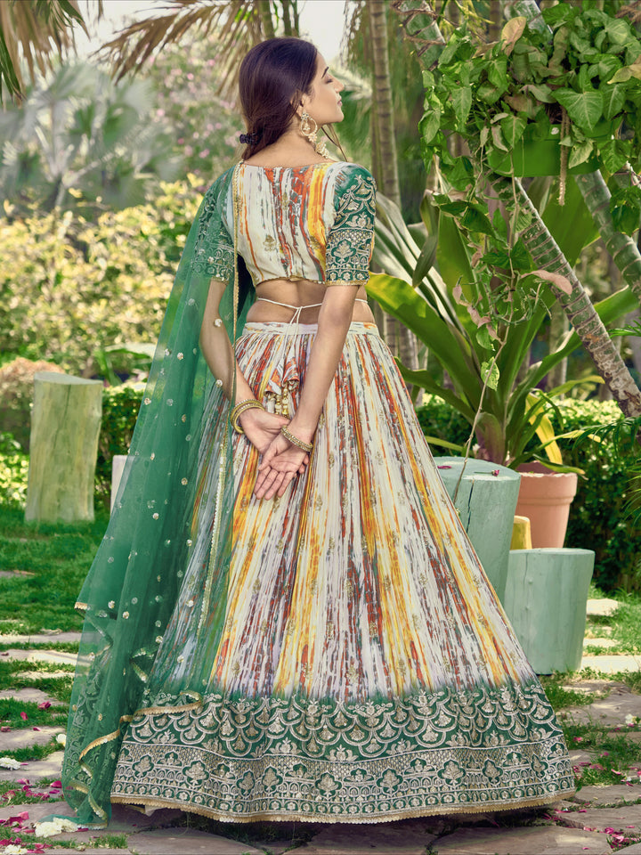 Green Color Chinon With Sequins, Zari Embroidery Work Lehenga Choli