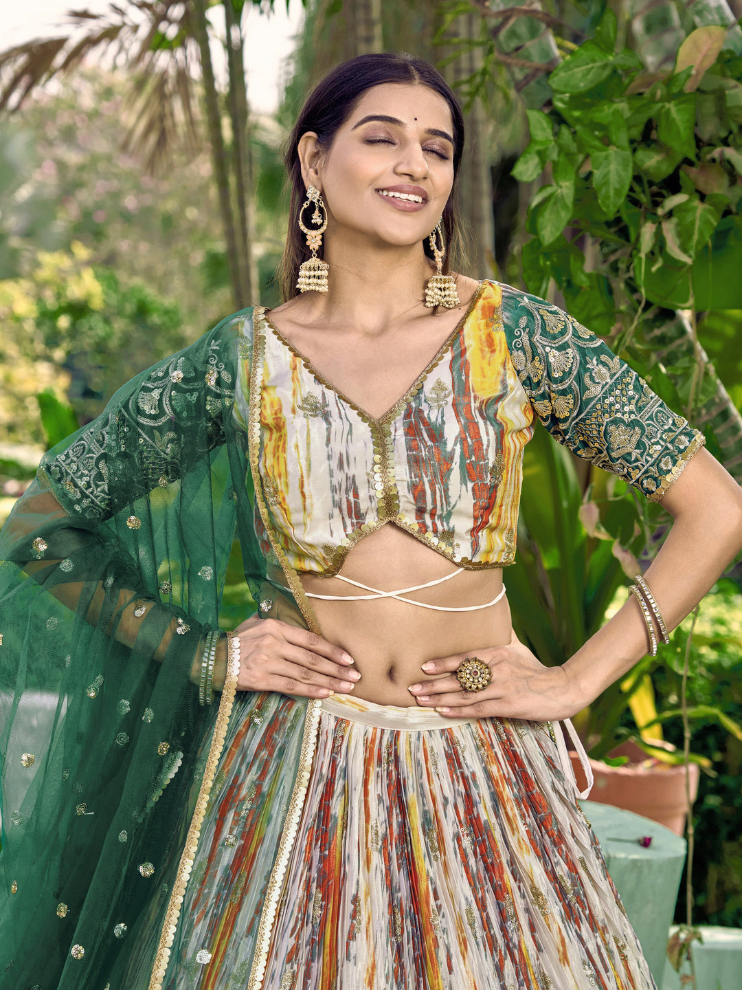Green Color Chinon With Sequins, Zari Embroidery Work Lehenga Choli