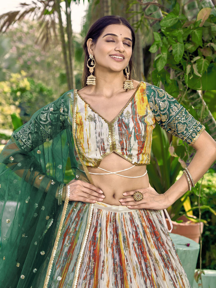 Green Color Chinon With Sequins, Zari Embroidery Work Lehenga Choli