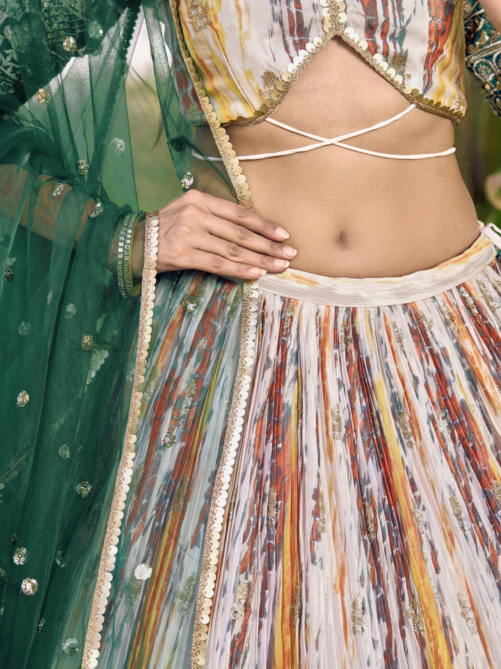 Green Color Chinon With Sequins, Zari Embroidery Work Lehenga Choli
