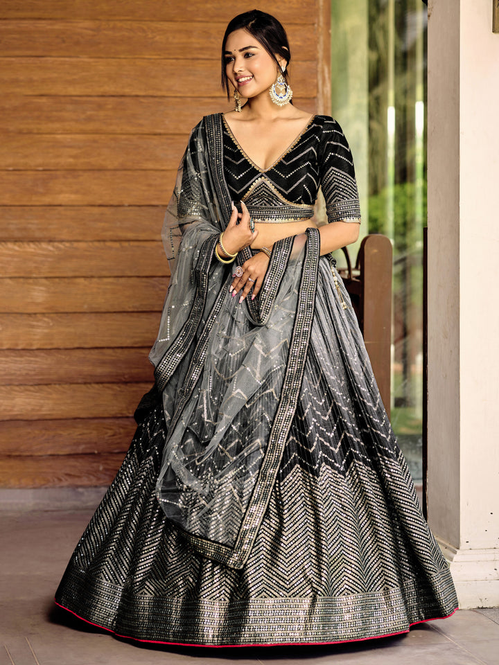 Black color Chinnon With Sequins, Thread Embroidery Work Lehenga Choli