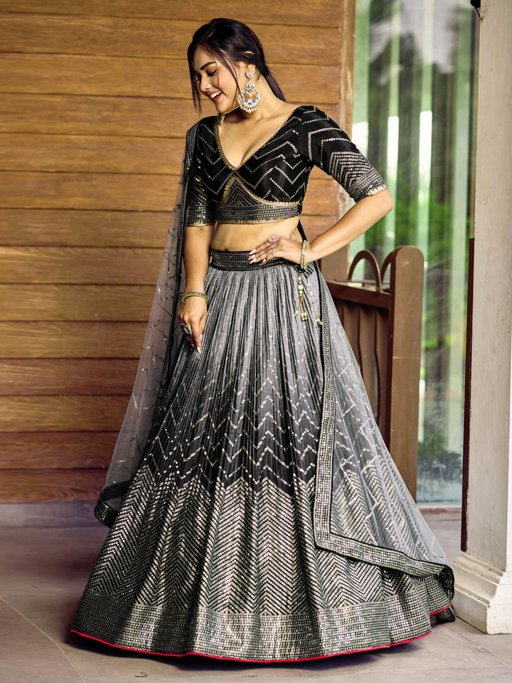 Black color Chinnon With Sequins, Thread Embroidery Work Lehenga Choli