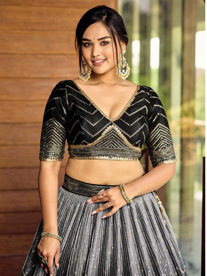 Black color Chinnon With Sequins, Thread Embroidery Work Lehenga Choli
