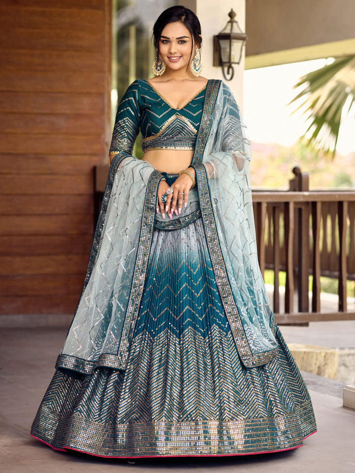 Blue color Chinnon With Sequins, Thread Embroidery Work Lehenga Choli