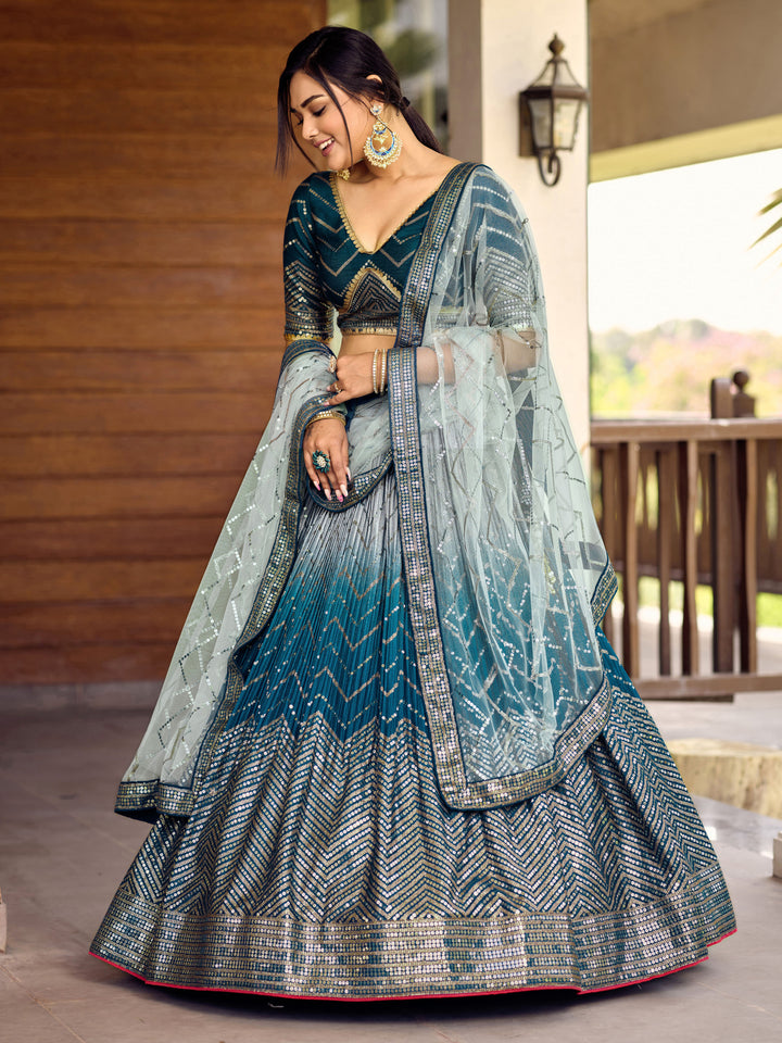 Blue color Chinnon With Sequins, Thread Embroidery Work Lehenga Choli