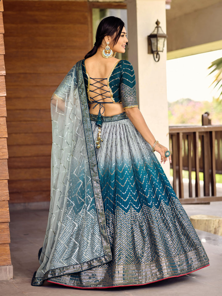 Blue color Chinnon With Sequins, Thread Embroidery Work Lehenga Choli