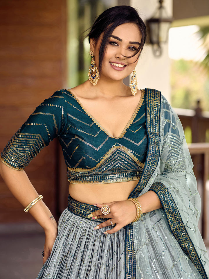 Blue color Chinnon With Sequins, Thread Embroidery Work Lehenga Choli