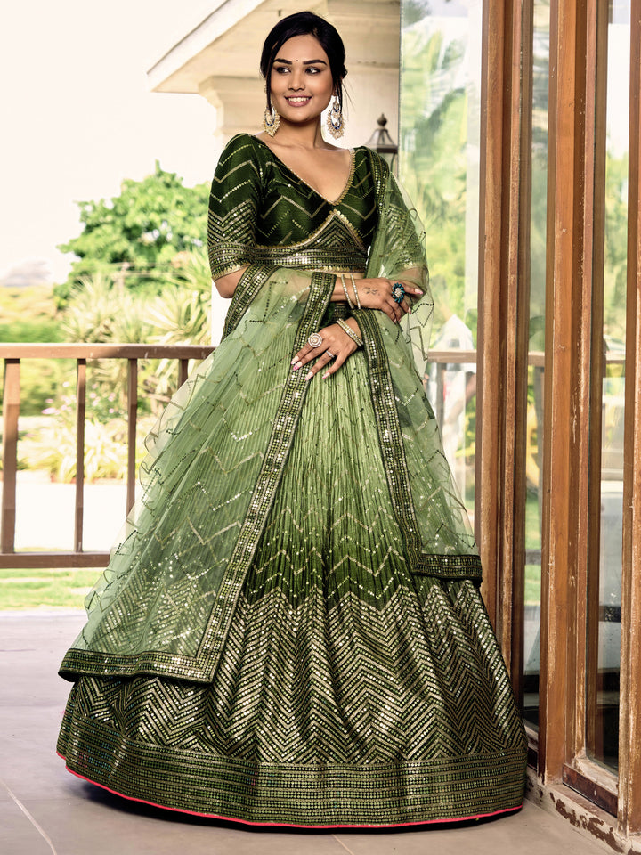 Green color Chinnon With Sequins, Thread Embroidery Work Lehenga Choli