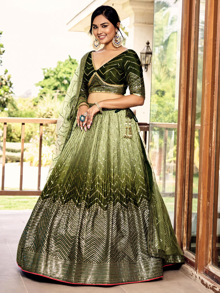 Green color Chinnon With Sequins, Thread Embroidery Work Lehenga Choli