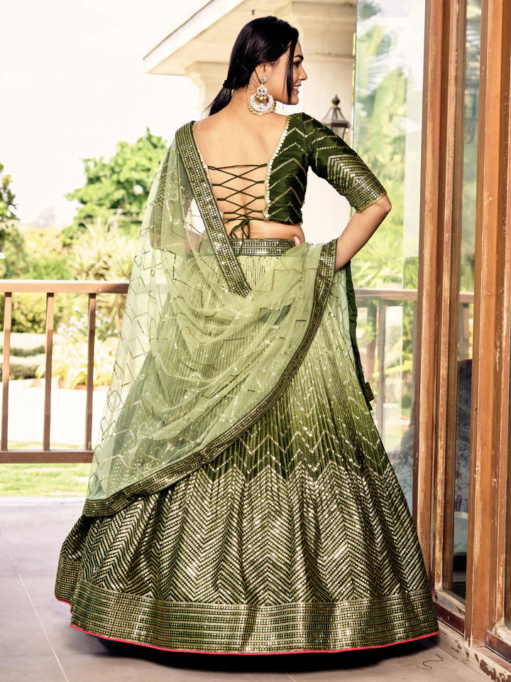 Green color Chinnon With Sequins, Thread Embroidery Work Lehenga Choli