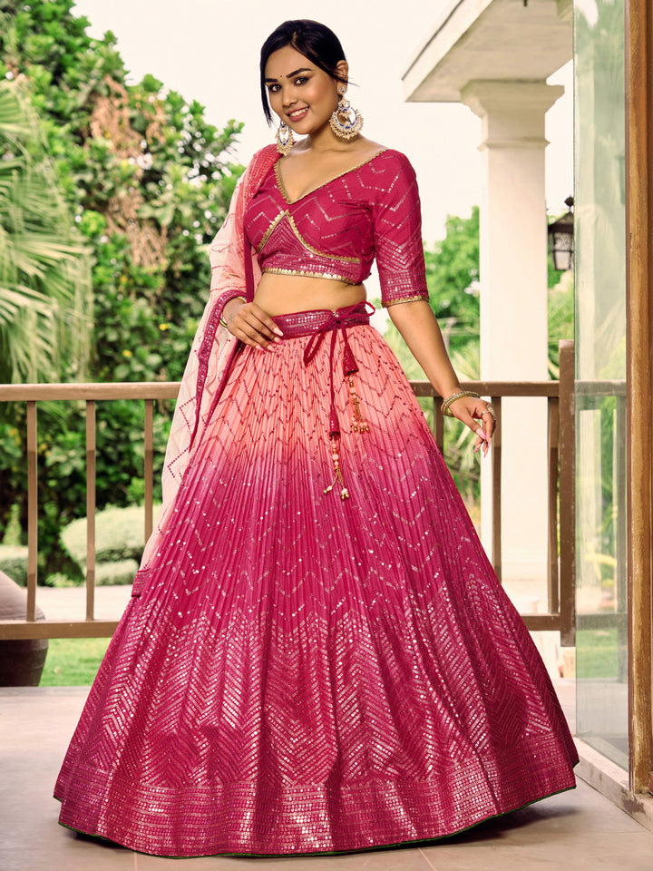 Pink color Chinnon With Sequins, Thread Embroidery Work Lehenga Choli