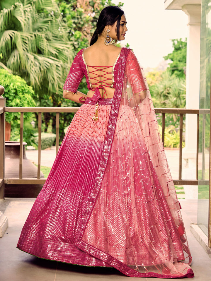 Pink color Chinnon With Sequins, Thread Embroidery Work Lehenga Choli