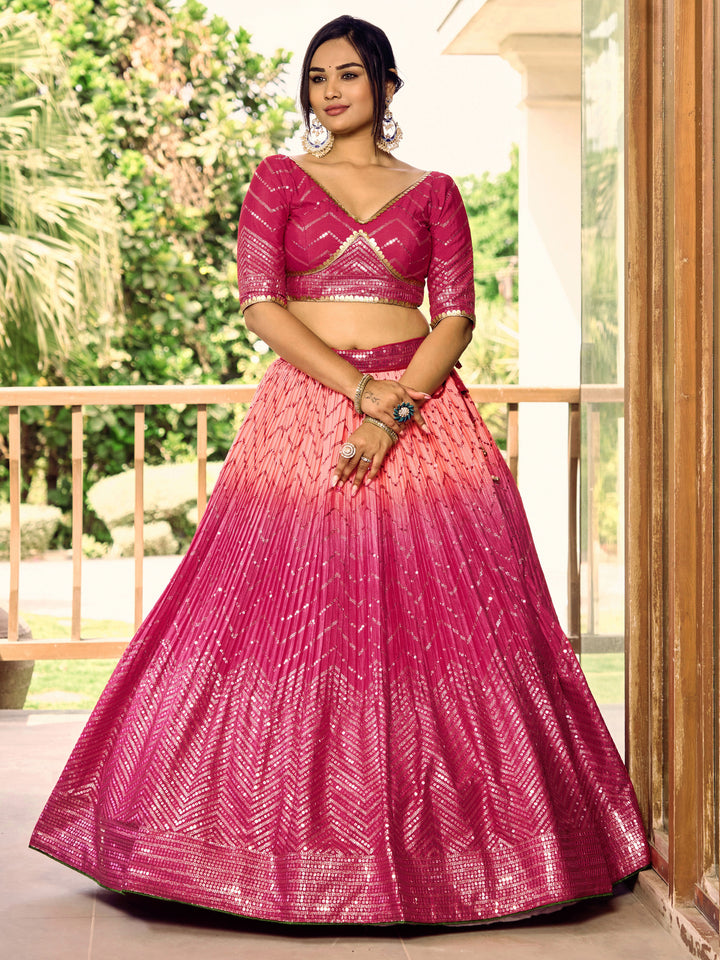 Pink color Chinnon With Sequins, Thread Embroidery Work Lehenga Choli