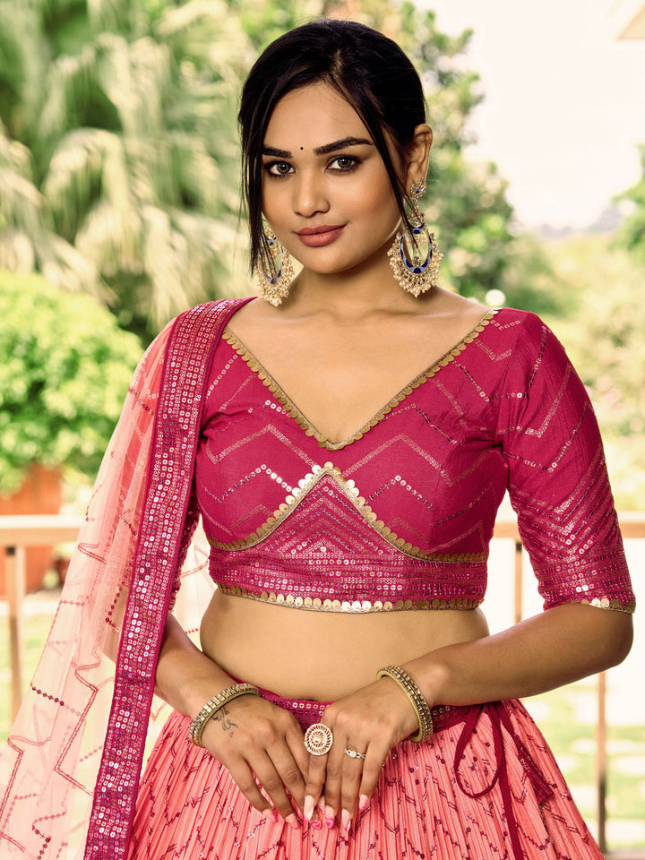 Pink color Chinnon With Sequins, Thread Embroidery Work Lehenga Choli