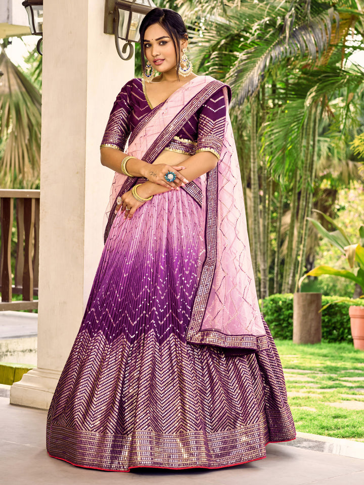 Purple color Chinnon With Sequins, Thread Embroidery Work Lehenga Choli
