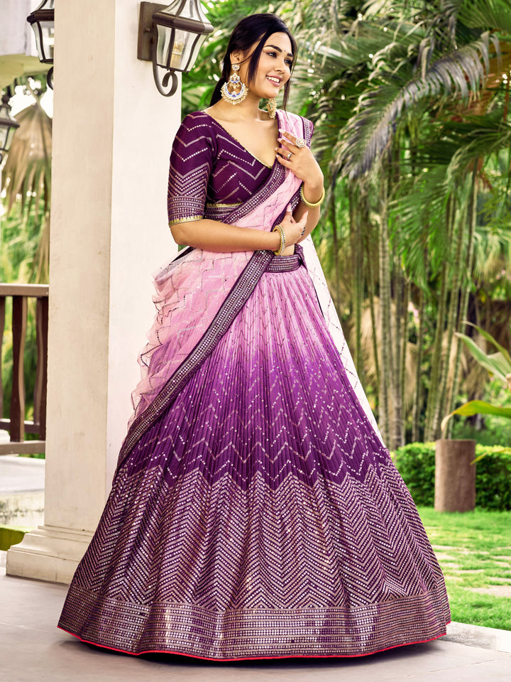 Purple color Chinnon With Sequins, Thread Embroidery Work Lehenga Choli