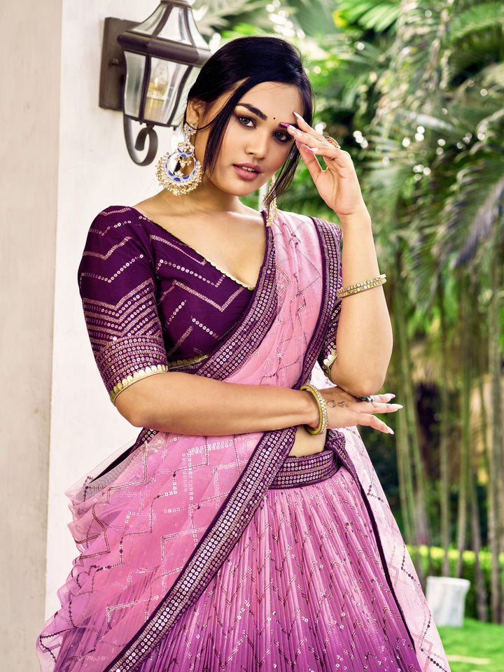 Purple color Chinnon With Sequins, Thread Embroidery Work Lehenga Choli