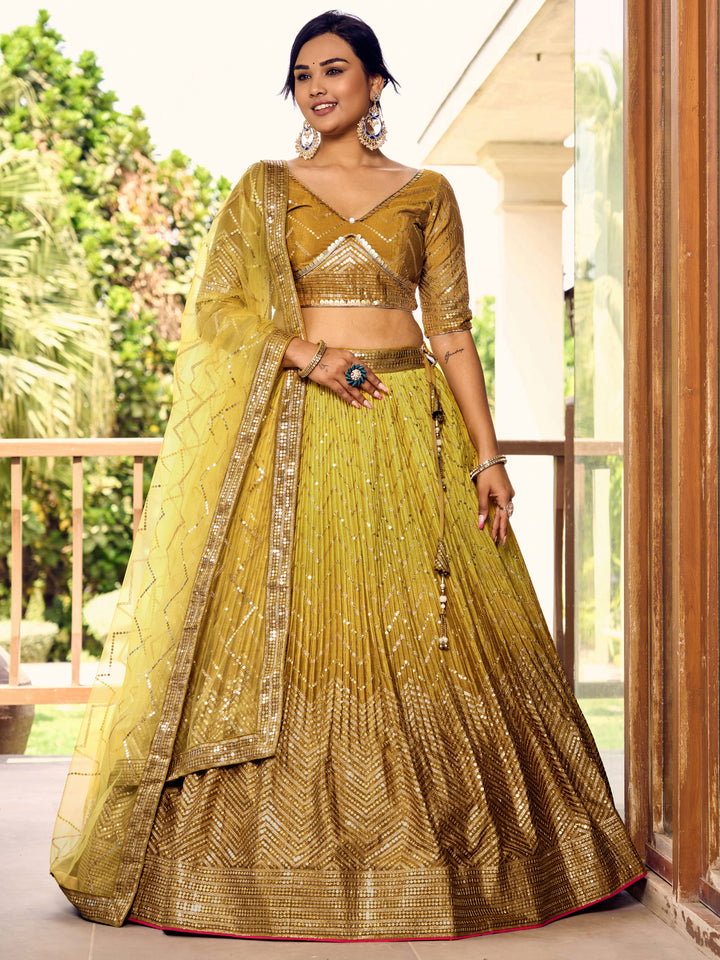 Yellow color Chinnon With Sequins, Thread Embroidery Work Lehenga Choli