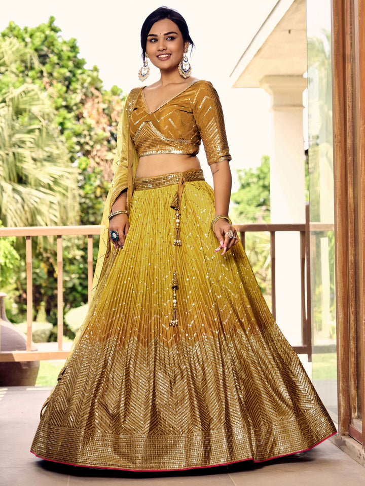 Yellow color Chinnon With Sequins, Thread Embroidery Work Lehenga Choli