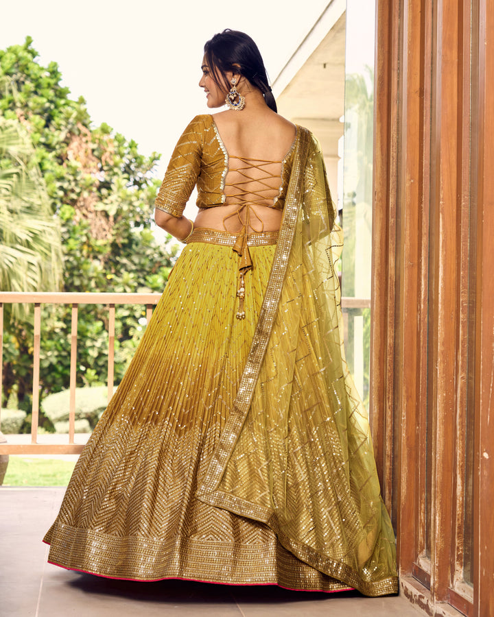 Yellow color Chinnon With Sequins, Thread Embroidery Work Lehenga Choli