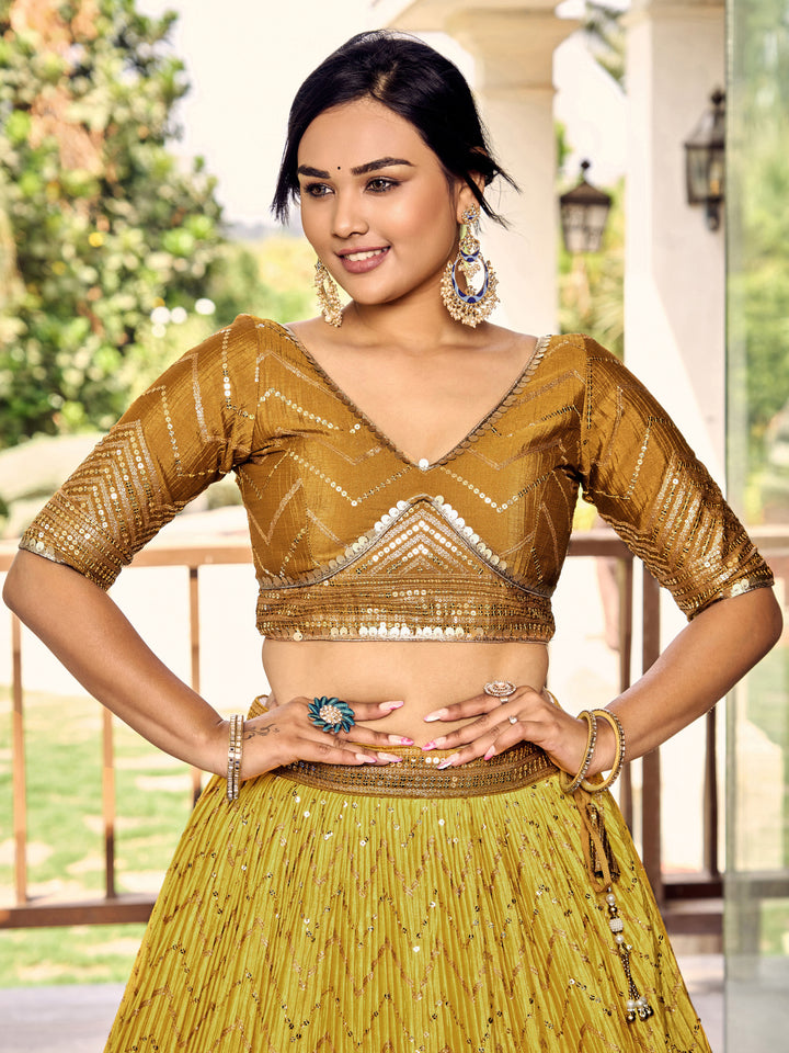 Yellow color Chinnon With Sequins, Thread Embroidery Work Lehenga Choli