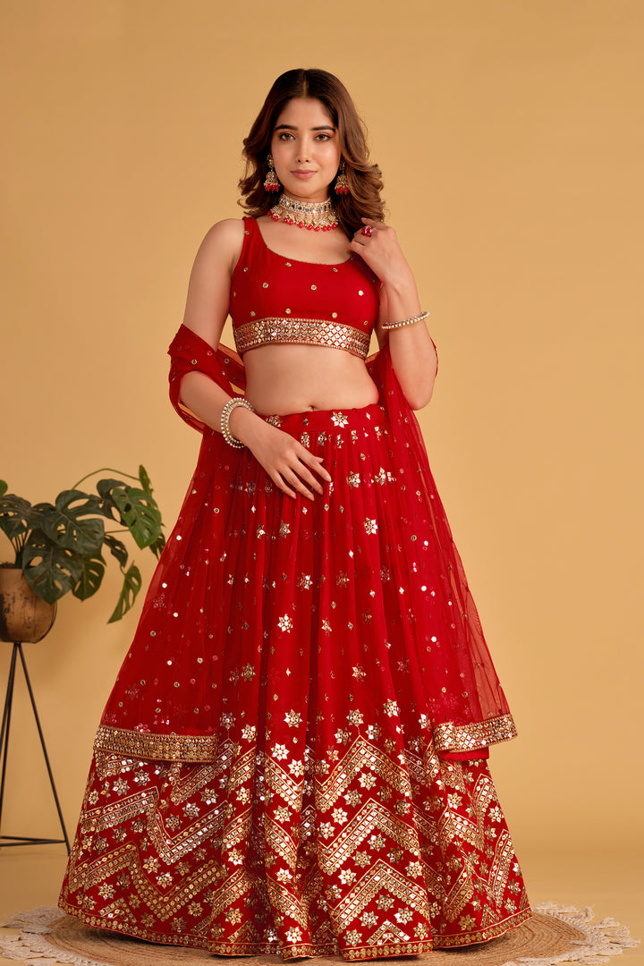 Red color Georgette With Sequins Zari Embroidered Work Lehenga Choli