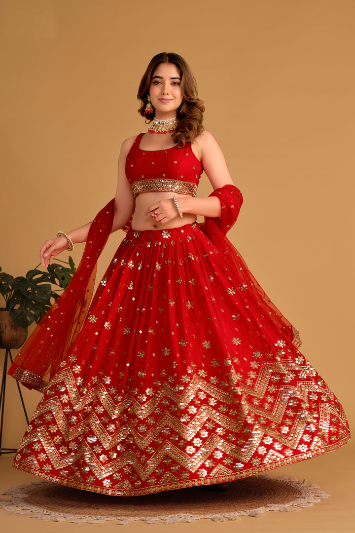 Red color Georgette With Sequins Zari Embroidered Work Lehenga Choli