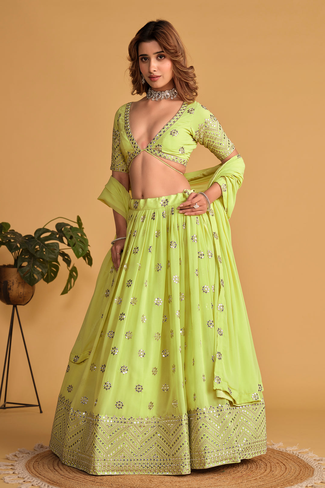 Neon color Georgette With Sequins Zari Embroidered Work Lehenga Choli