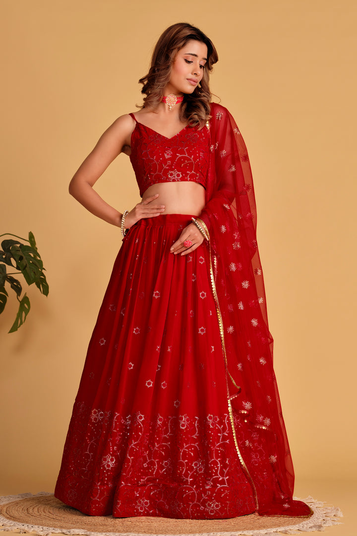 Red color Georgette With Sequins Zari Embroidered Work Lehenga Choli