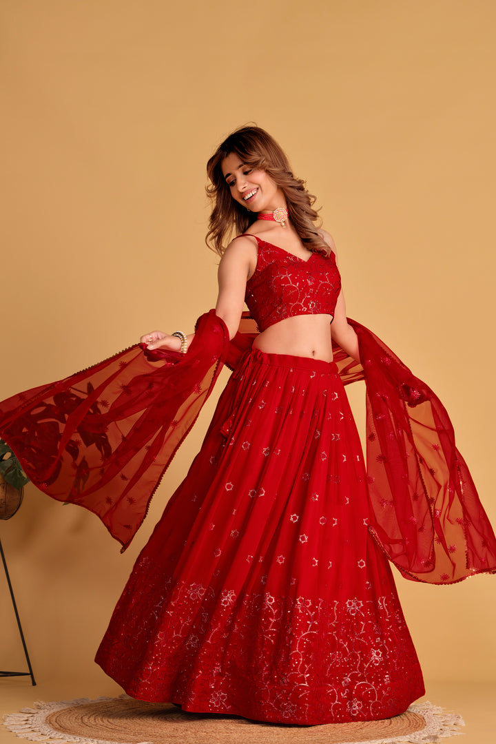 Red color Georgette With Sequins Zari Embroidered Work Lehenga Choli