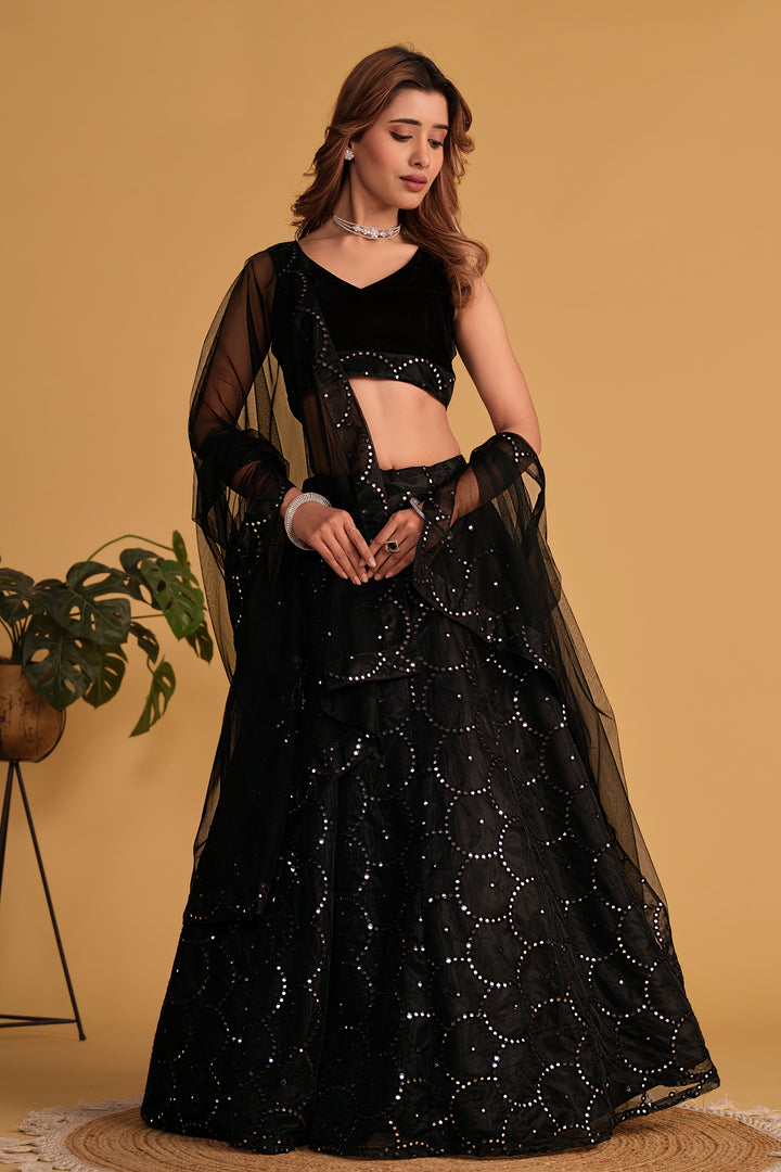 Black color Organza With Sequins Zari Embroidered Work Lehenga Choli