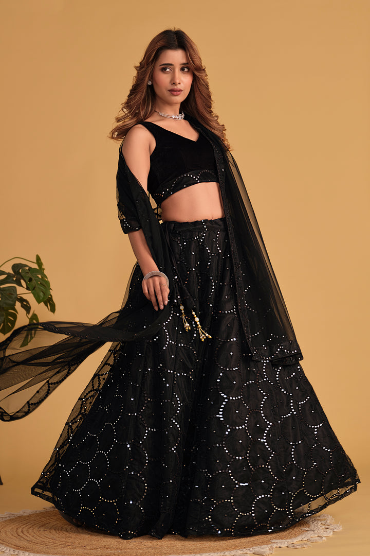 Black color Organza With Sequins Zari Embroidered Work Lehenga Choli