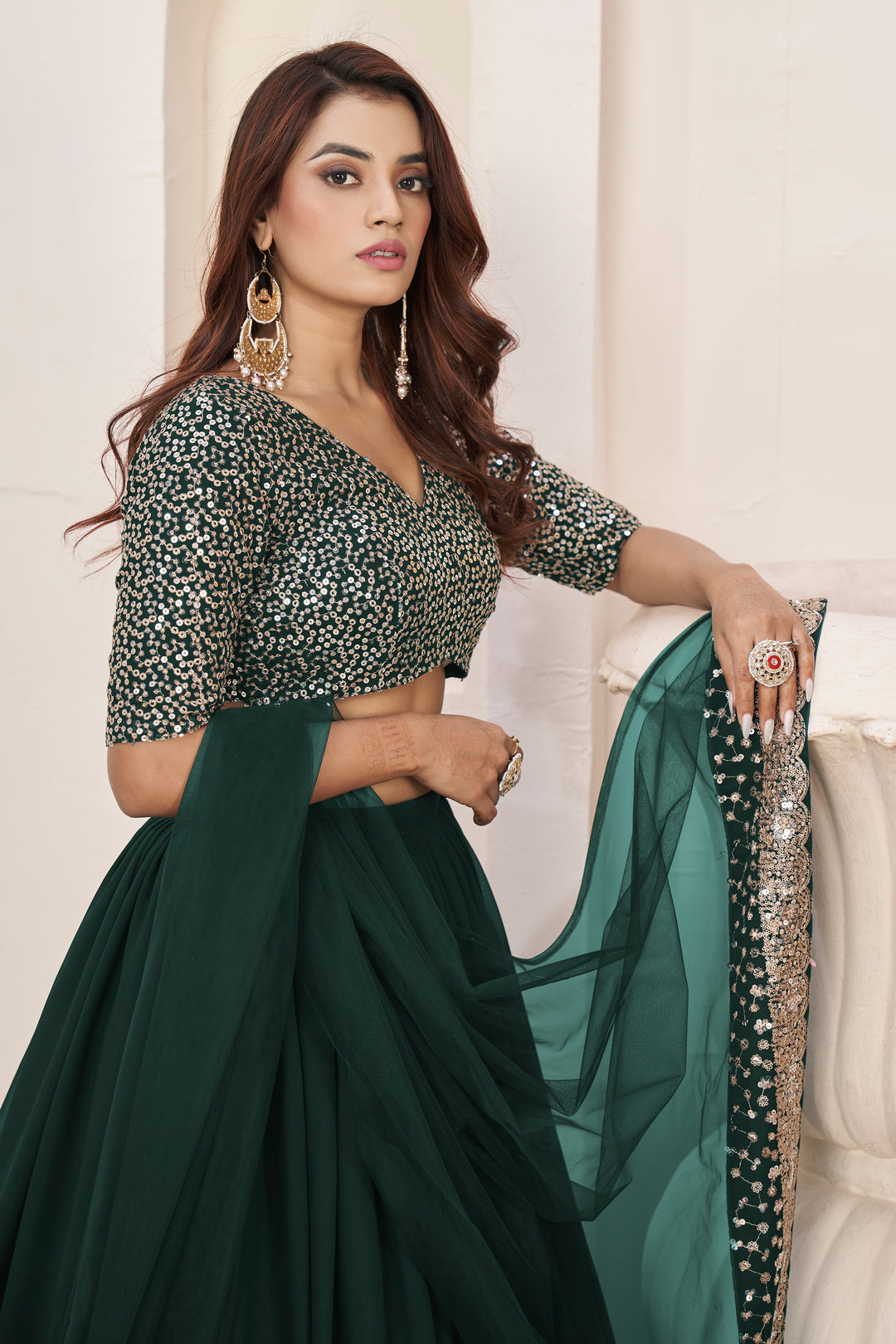 Green color Georgette With Sequins Zari Embroidered Work Lehenga Choli