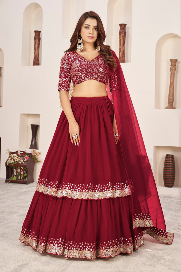 Red color Georgette With Sequins Zari Embroidered Work Lehenga Choli