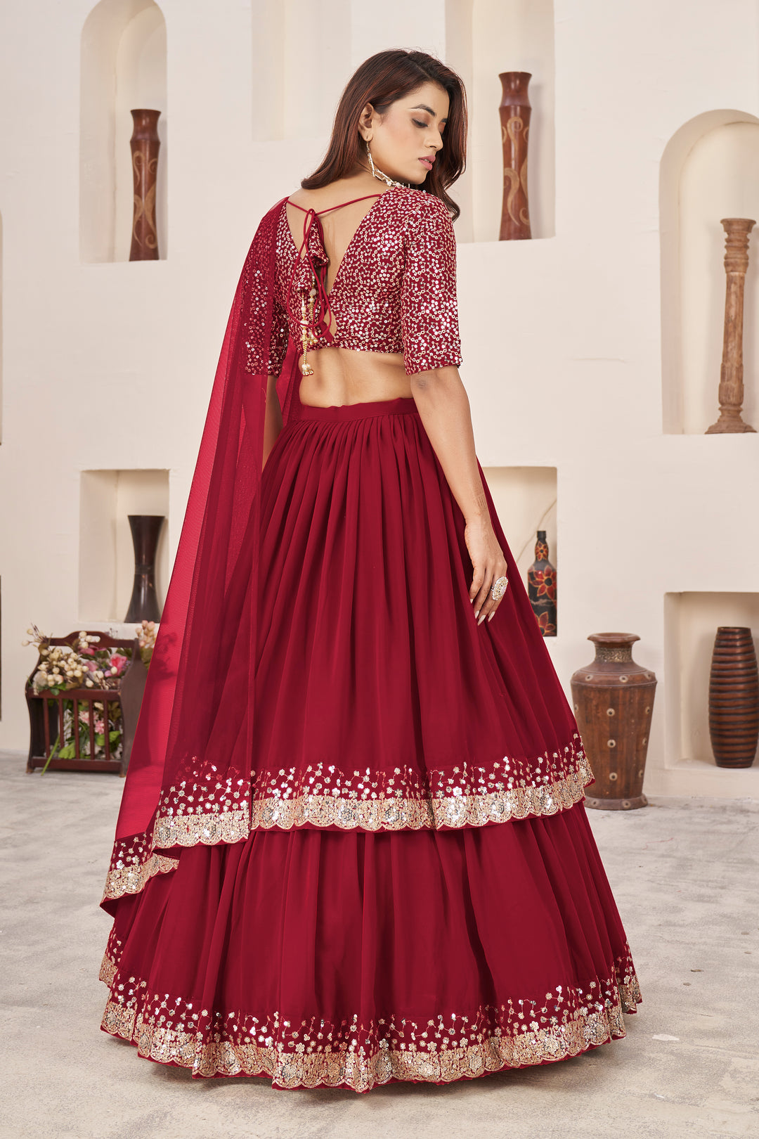 Red color Georgette With Sequins Zari Embroidered Work Lehenga Choli