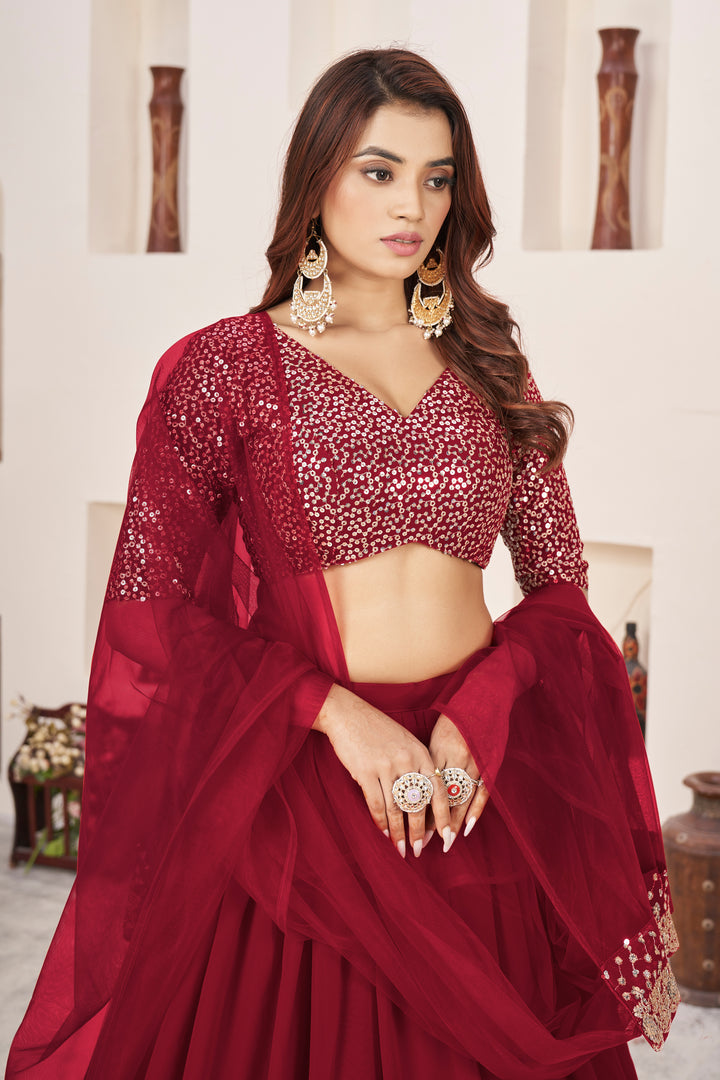 Red color Georgette With Sequins Zari Embroidered Work Lehenga Choli