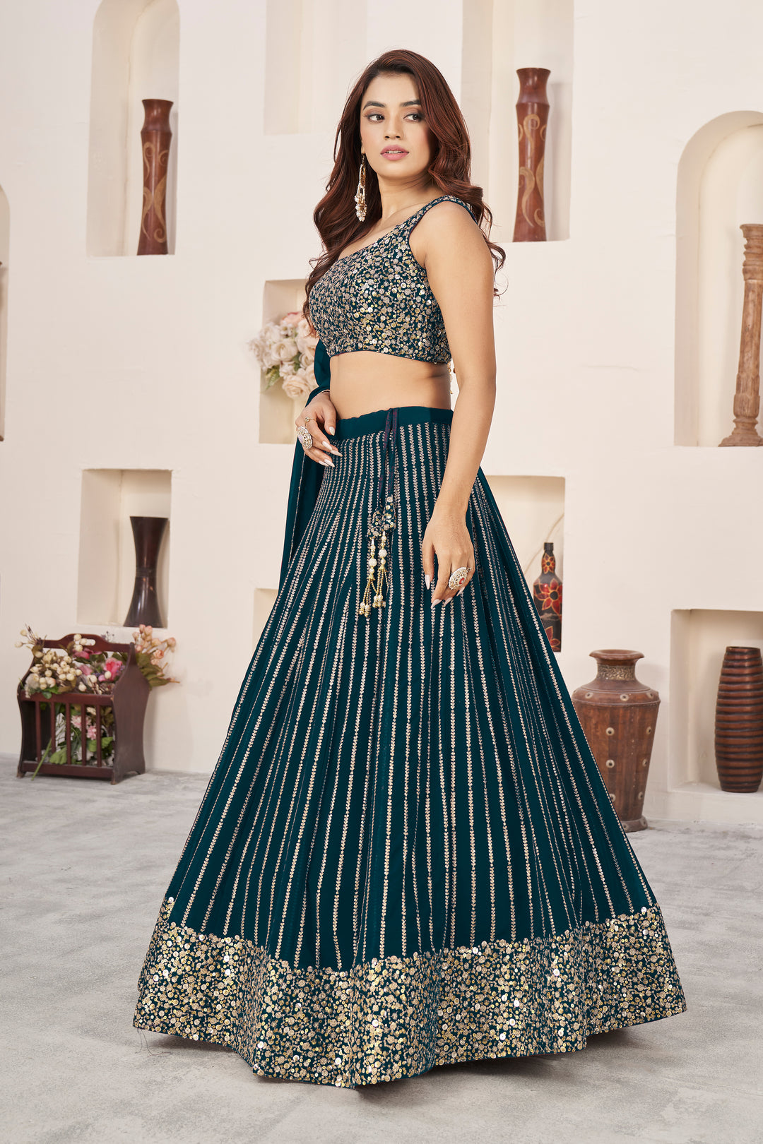 Green color Georgette With Sequins Zari Embroidered Work Lehenga Choli