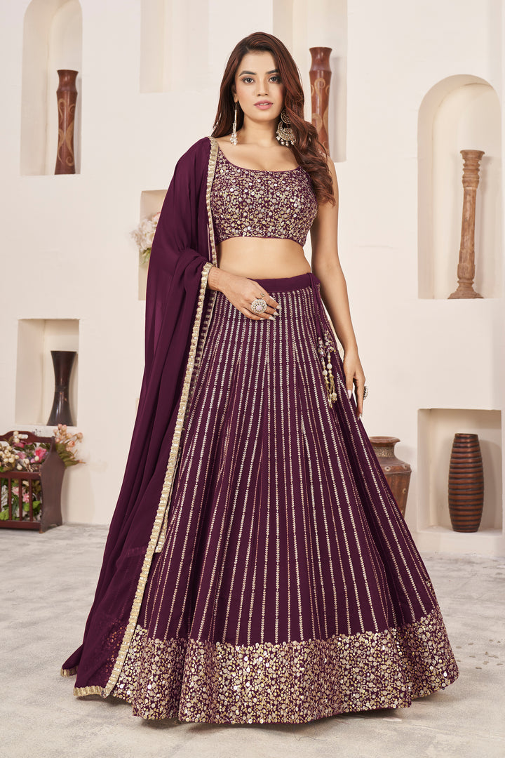 Wine color Georgette With Sequins Zari Embroidered Work Lehenga Choli
